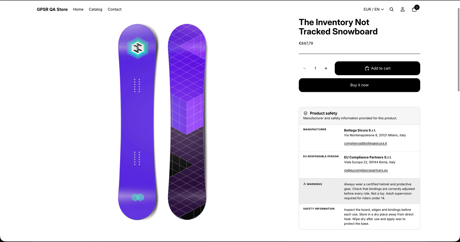 The GPSR safety panel on a live Shopify product page, showing the manufacturer, EU responsible person and safety details in a shopper's language.