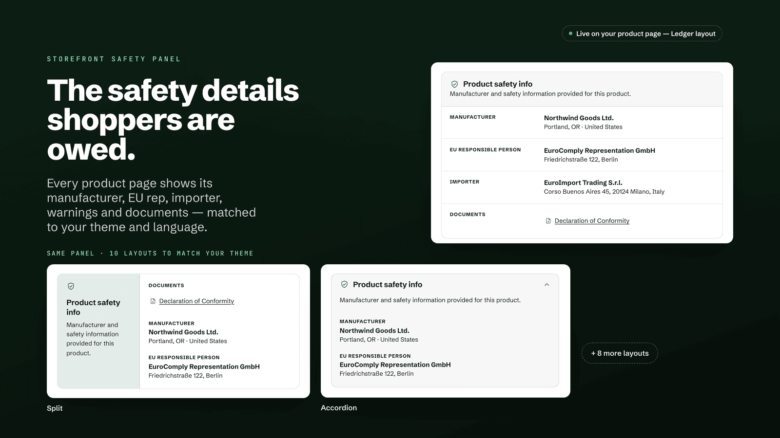The GPSR safety panel on a storefront product page, showing the manufacturer, EU responsible person and importer.