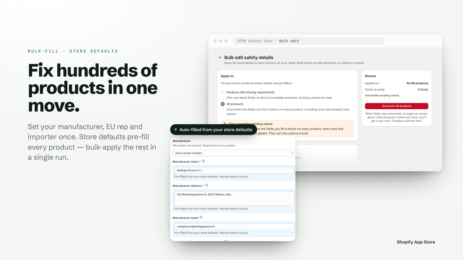 The bulk-edit screen applying manufacturer and responsible-person details across many products at once.