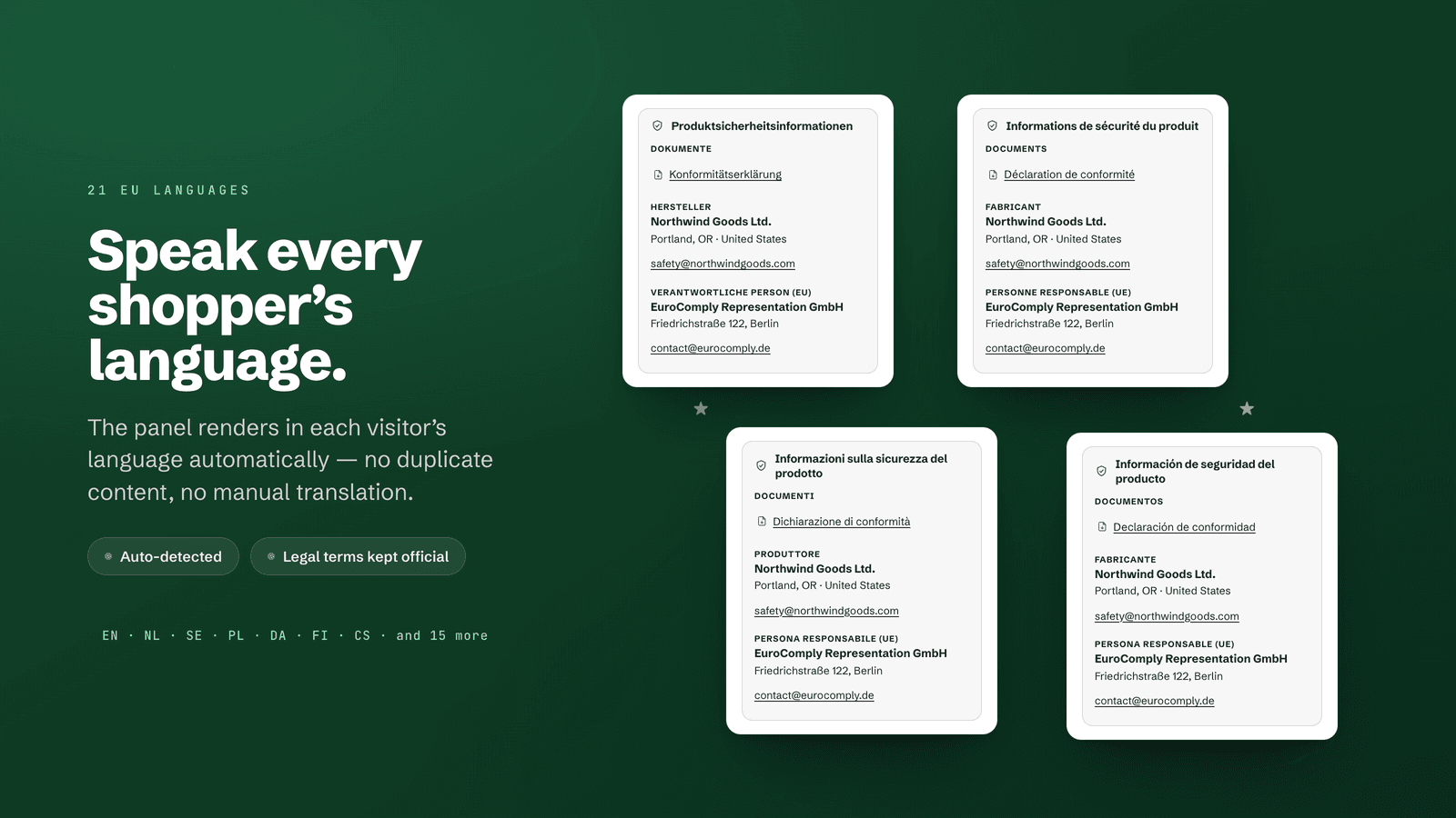 The safety panel rendered in German, French, Italian and Spanish, part of 21 EU languages.